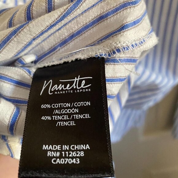 Nanette Lepore Front Tie Gold Embellished Blue White Stripe Blouse Size Large - Picture 8 of 10